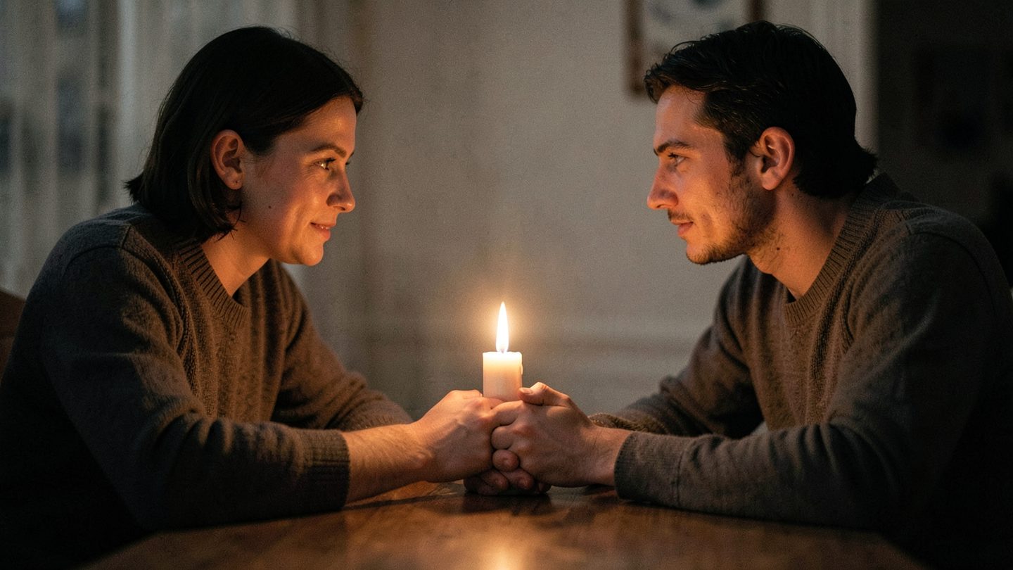 Intimate editorial photograph of a couple in conversation