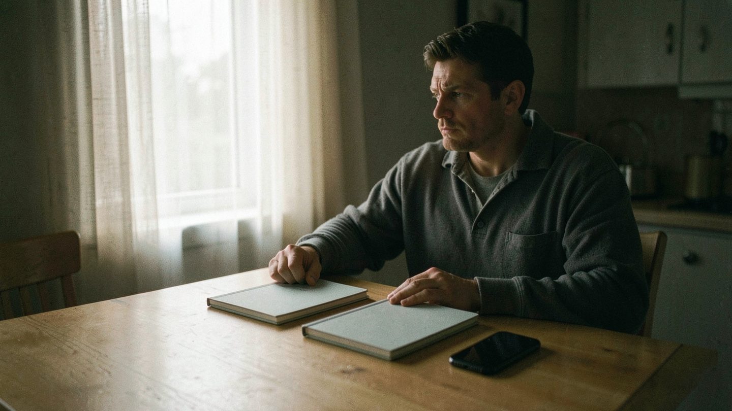 A realistic adult sits at a kitchen table late at night, thinking quietly beside two plain closed notebooks and a face-down phone in soft window light.
