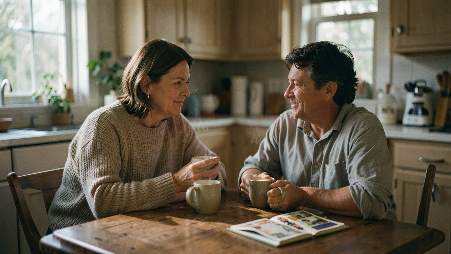 Two adults sharing tea in a calm home setting, suggesting emotional ease and committed partnership