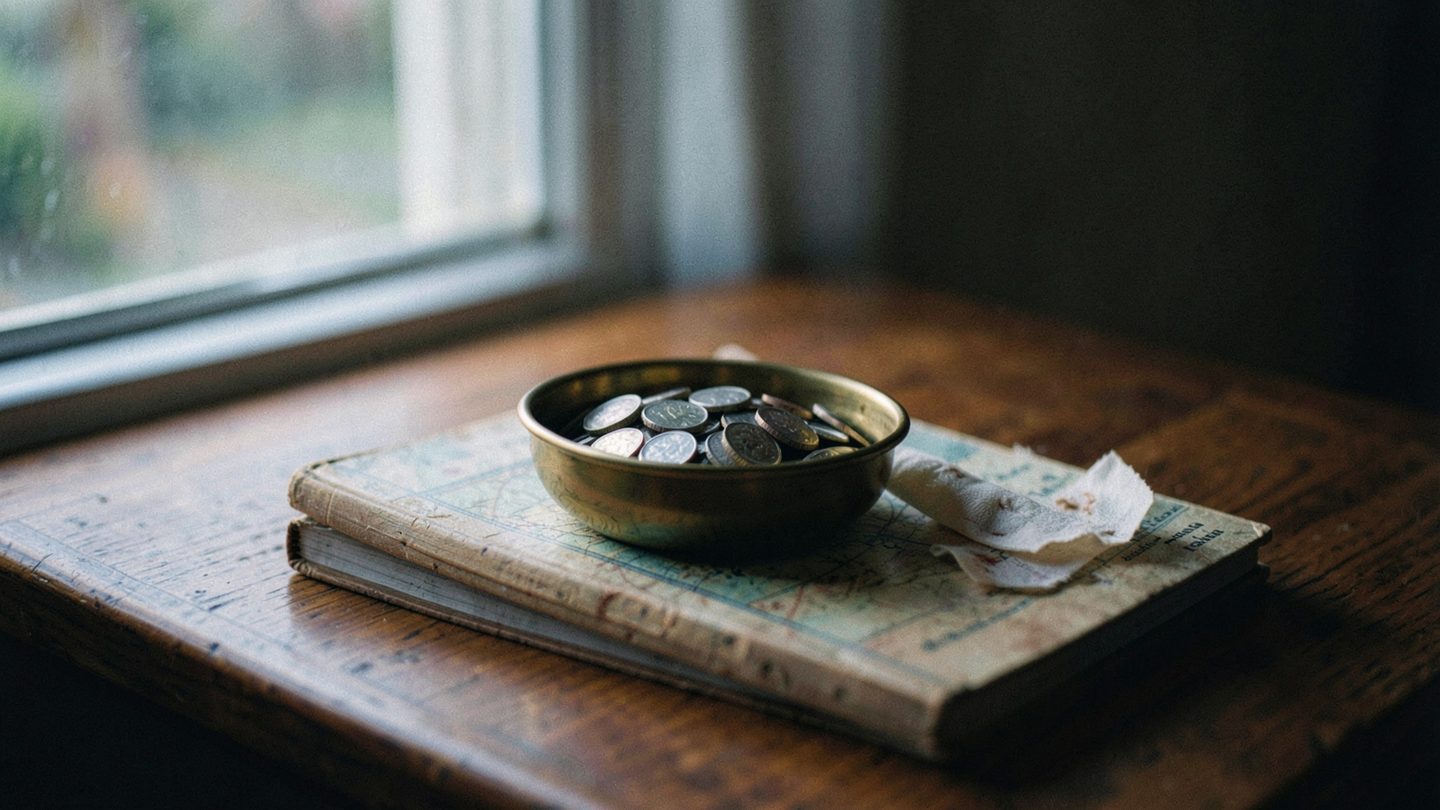 A moody editorial still life on a wooden desk by a window at dusk, showing a brass bowl of coins, a worn bandage, and a closed atlas book, lit by soft natural light with a restrained, realistic atmosphere.