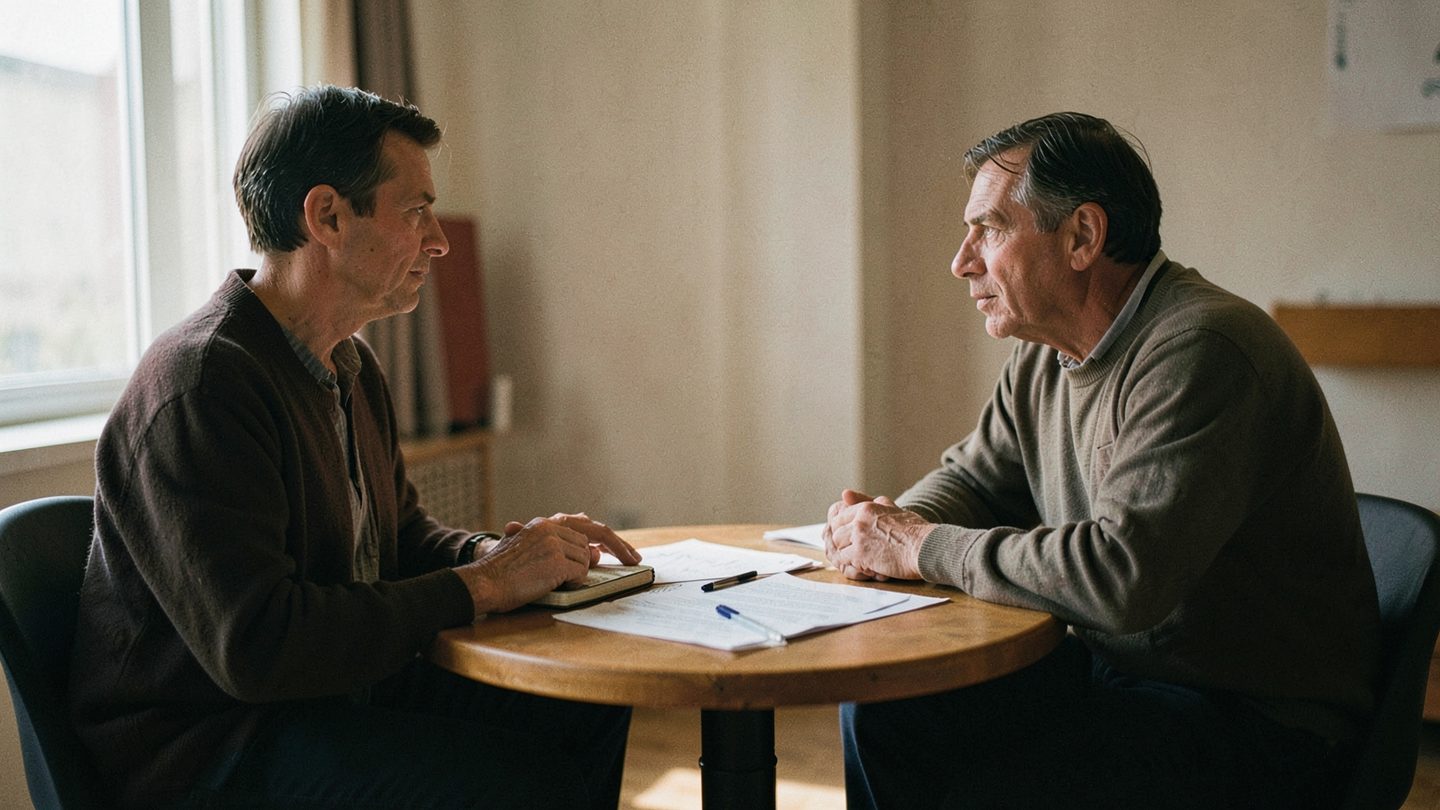 Two people preparing to discuss a boundary or agreement at a table