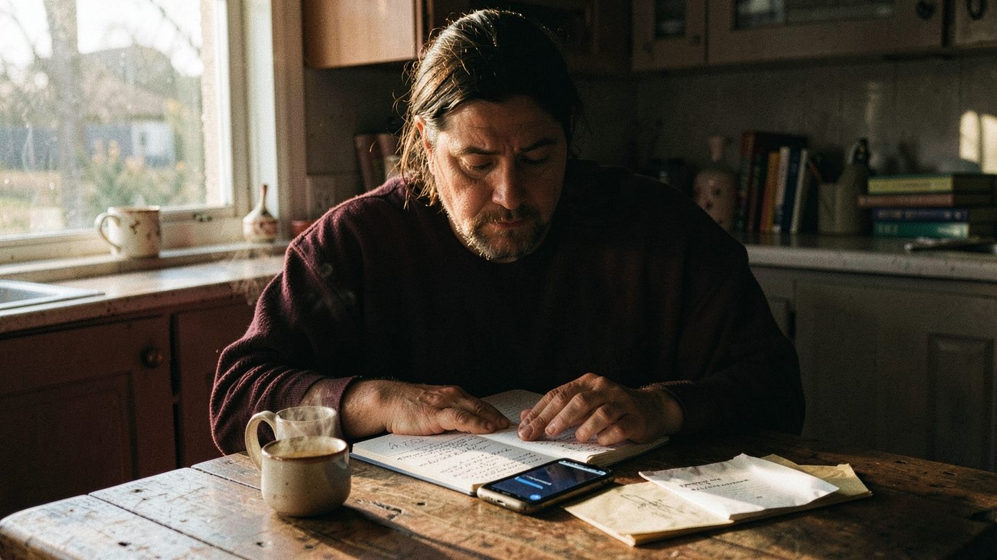 A person sitting alone at a kitchen table with a notebook and phone, thinking through a private decision.