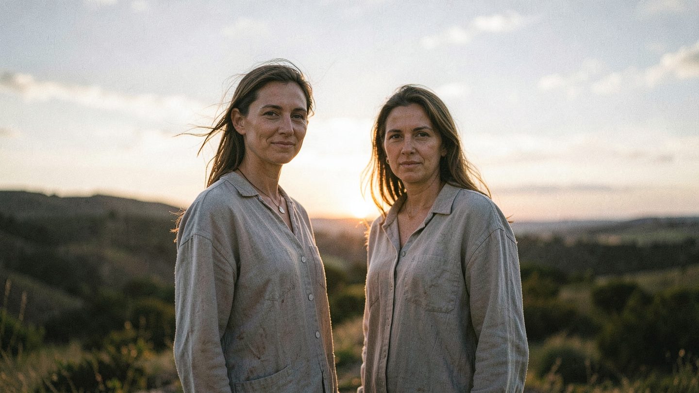 Two people at sunrise on an open horizon, visually suggesting mirrored rising-sign energy.