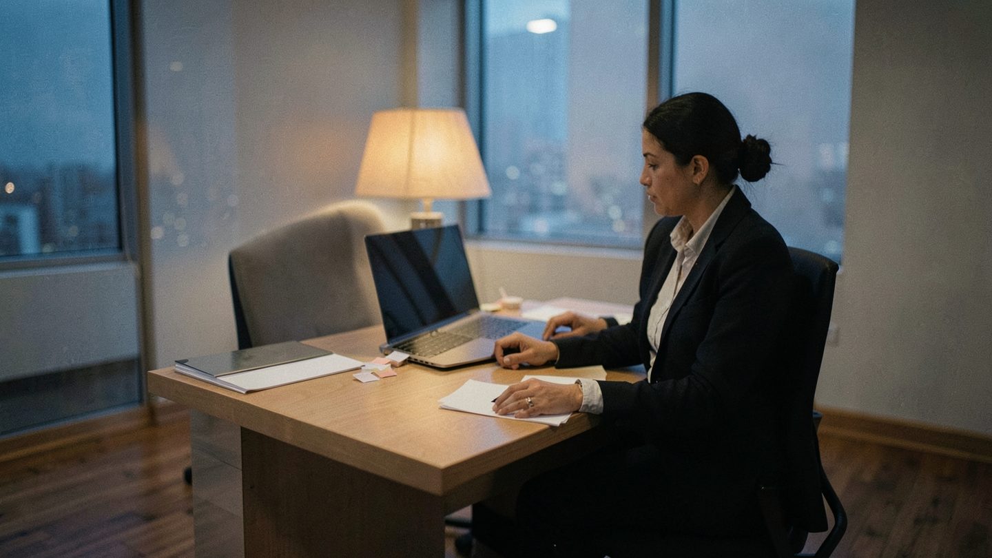 A lone office worker sits late at night at a desk in a quiet office, surrounded by blank folders and papers under a desk lamp, with soft window light falling across the scene.