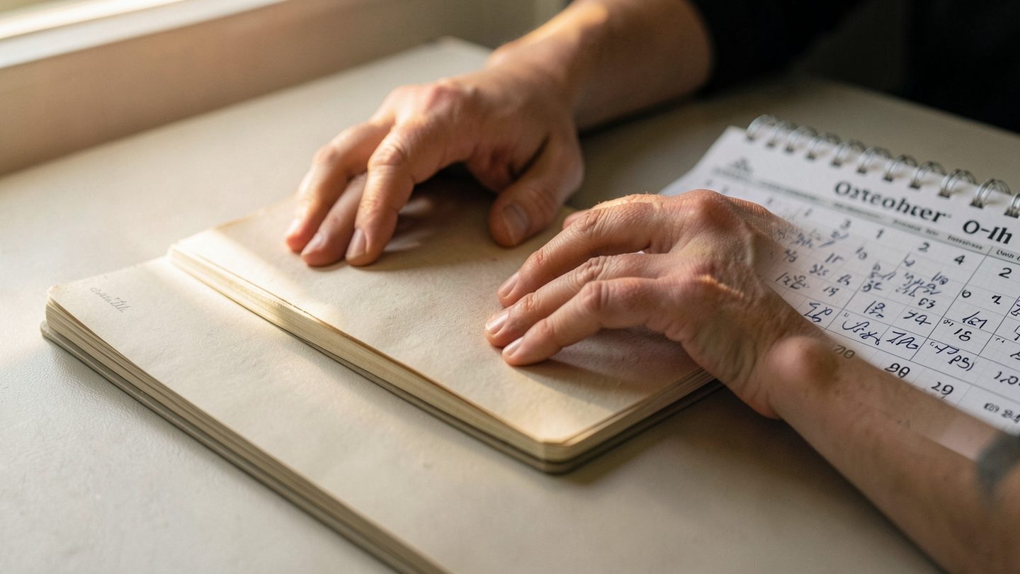 Editorial close-up of hands reviewing a late-October calendar and notebook