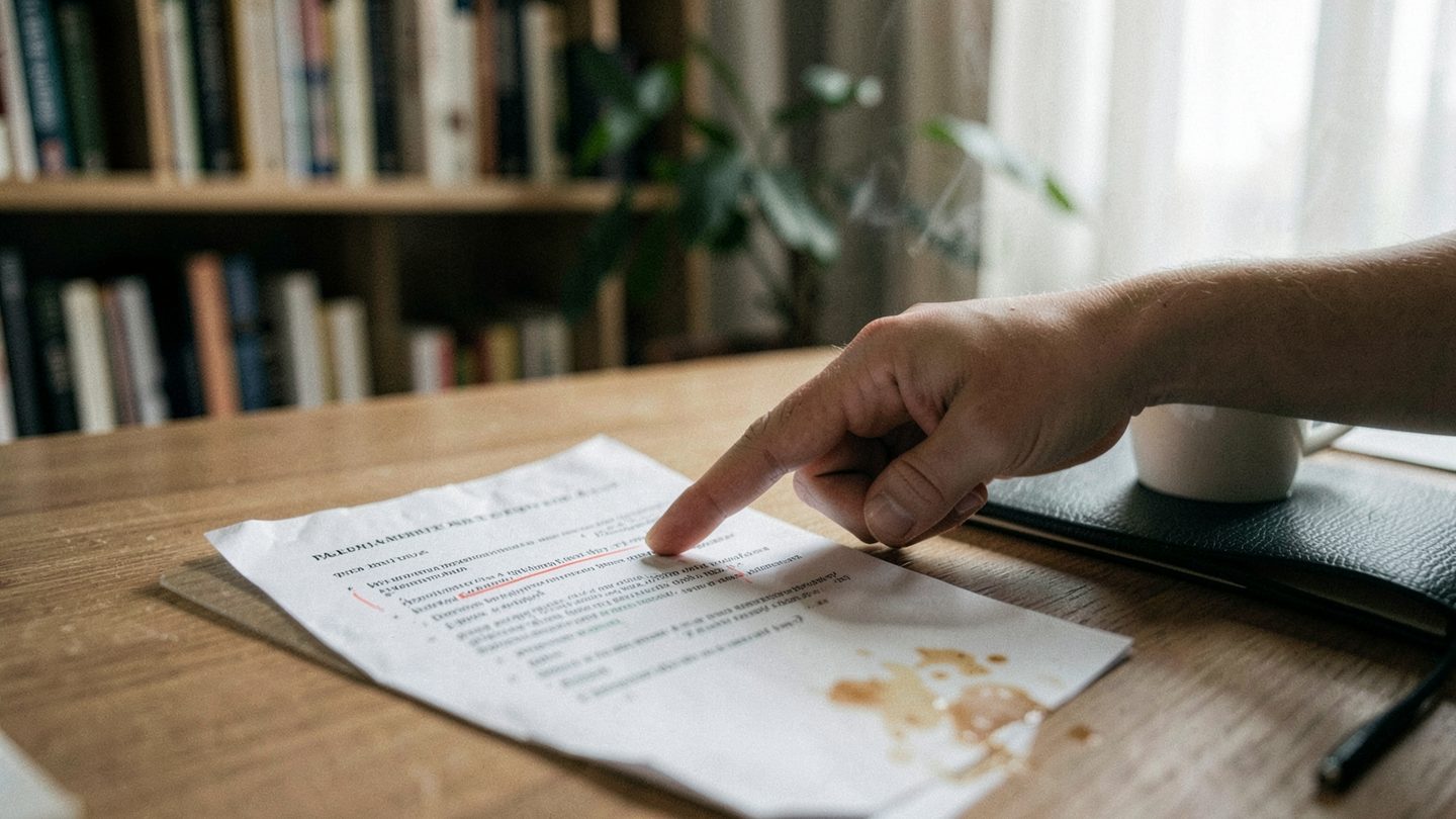 Close-up of a highlighted contract clause and notebook