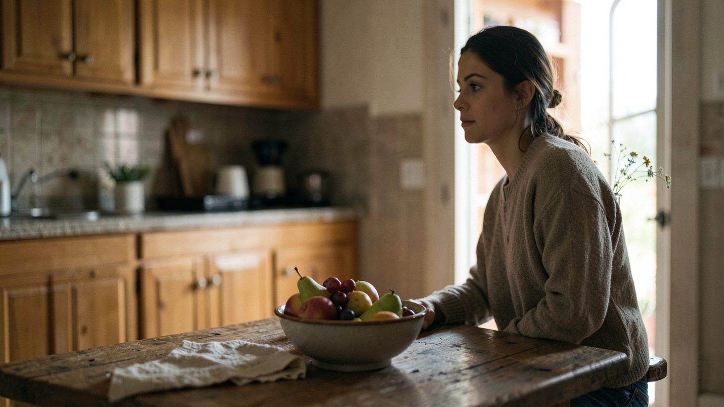 A candid indoor scene of a thoughtful person standing in a softly lit kitchen beside a bowl of fruit and a vase of flowers, looking toward a sunlit doorway, evoking care, nourishment, and a quiet turning point.