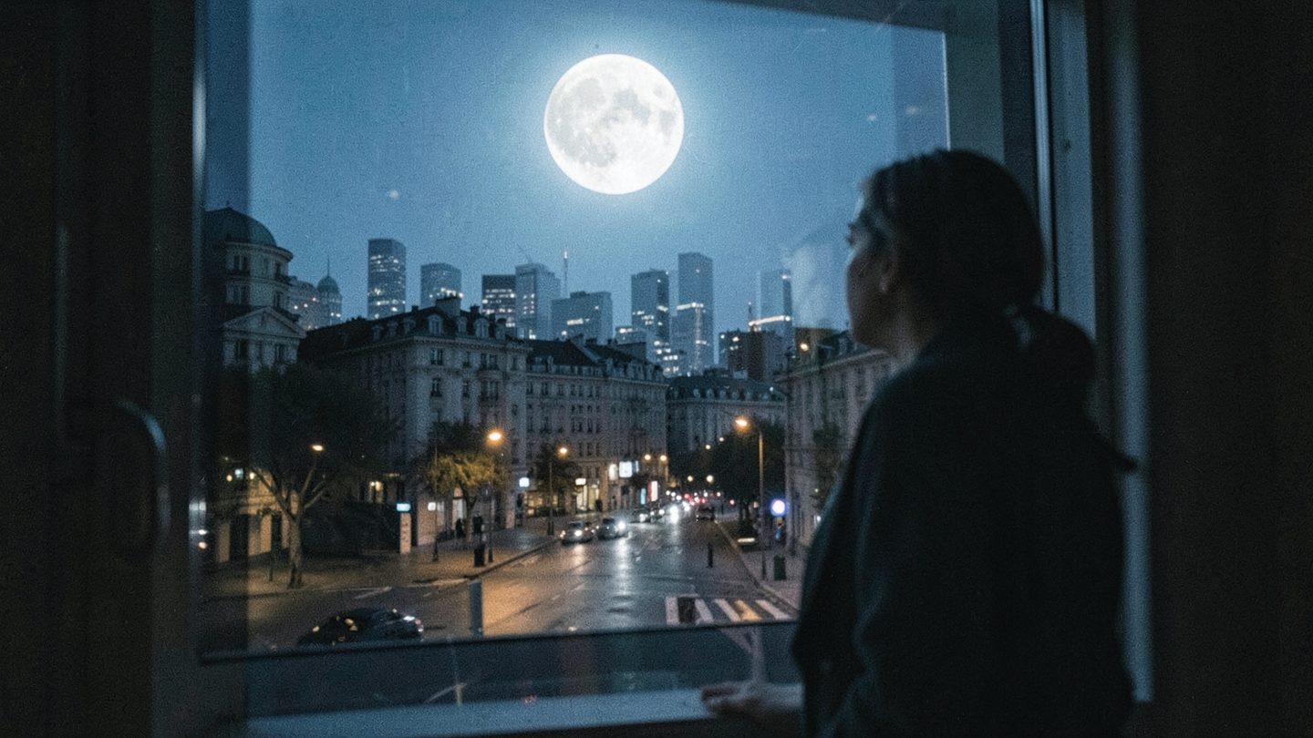 A person looking out at the full moon above a city skyline