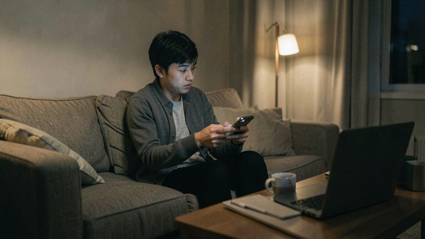 A solitary person sits on a sofa at night, holding a phone with hesitation while a closed laptop and a mug rest nearby in a softly lit living room.