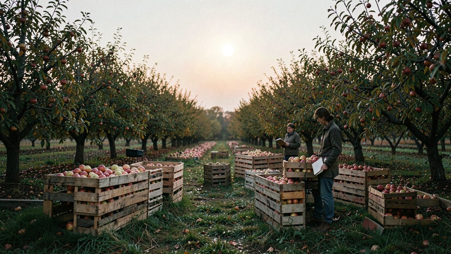 A wide editorial photograph of an autumn orchard at dawn with a full moon low in the sky, a person standing beside unmarked wooden apple crates and harvested produce, looking over the rows in soft morning light.