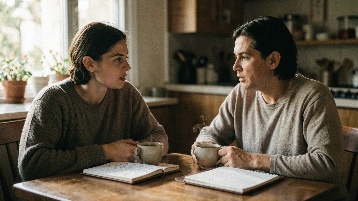 Two people in a calm conversation, suggesting a relationship under review.