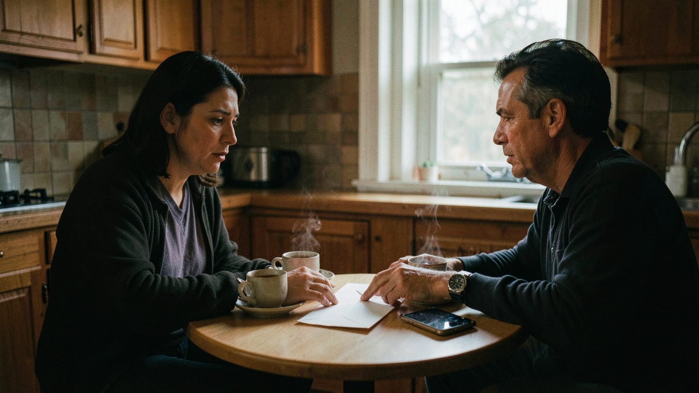 Two adults sit across from each other at a quiet kitchen table at dusk, with a plain sealed envelope, a face-down phone, and two cups of tea between them, creating a tense but calm editorial scene.
