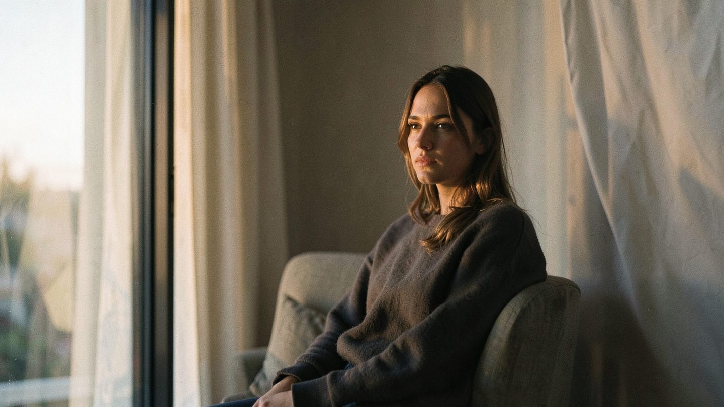 A contemplative person sits beside a dawn-lit window in a quiet interior, their face split between warm sunrise light and cooler shadow, creating a subtle sense of tension and self-presentation in a clean editorial scene.
