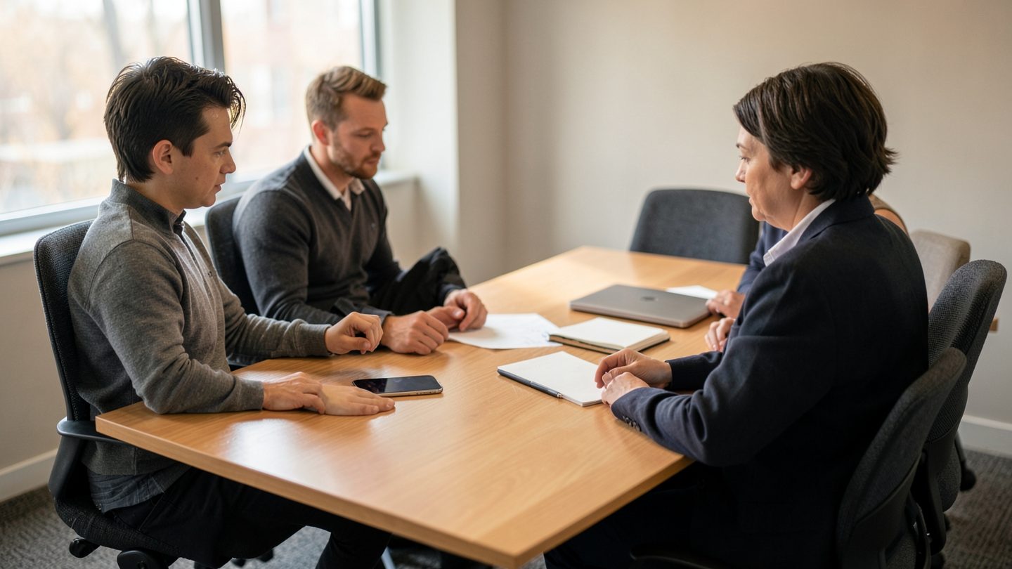 Two coworkers sit at a conference table in a quiet office, with an empty chair, a dark-screen phone face-down, and a closed laptop suggesting a paused or interrupted conversation.