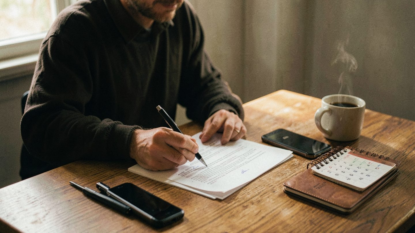 Editorial photo concept of someone reviewing a contract before signing