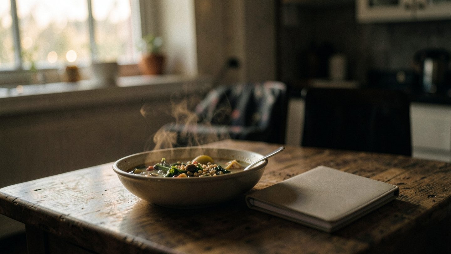 A candid editorial photo of a person seated at a kitchen table at dusk with a bowl of food in front of them, a closed blank notebook beside it, and a travel bag or work folder nearby, lit by soft window light in a quiet, restrained interior.