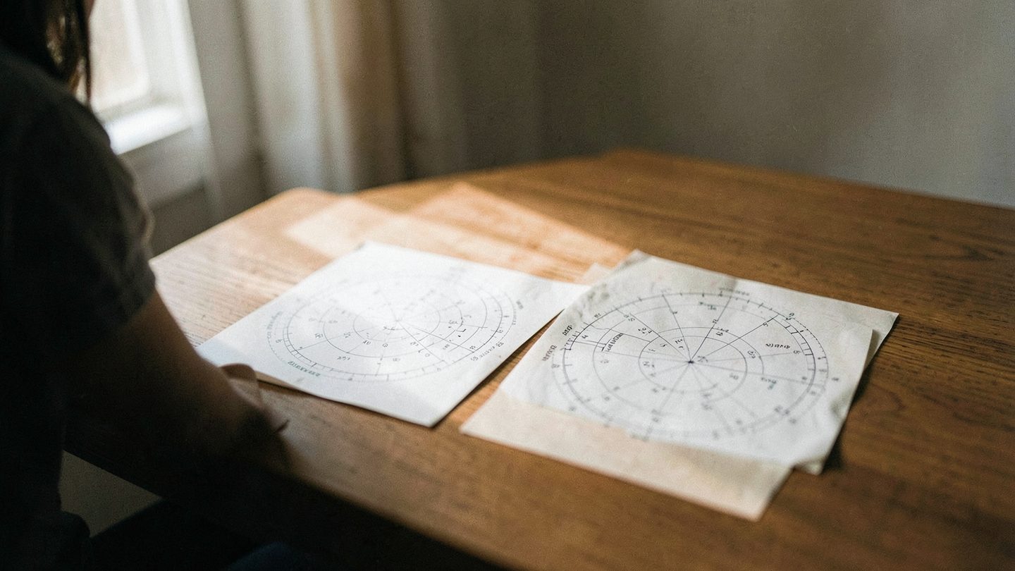 Editorial-style photo concept showing a person comparing a birth chart with a moon-phase chart