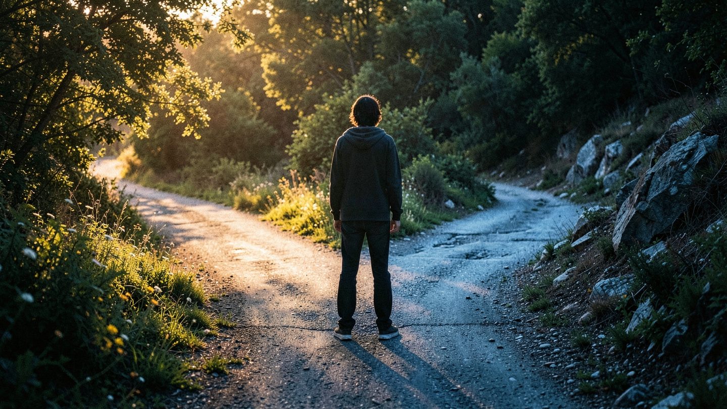 Person at a crossroads evoking a Fortuna opposition theme