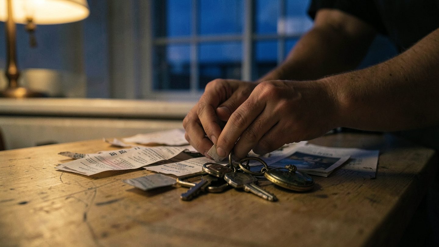 Hands sorting everyday items on a wooden table at night