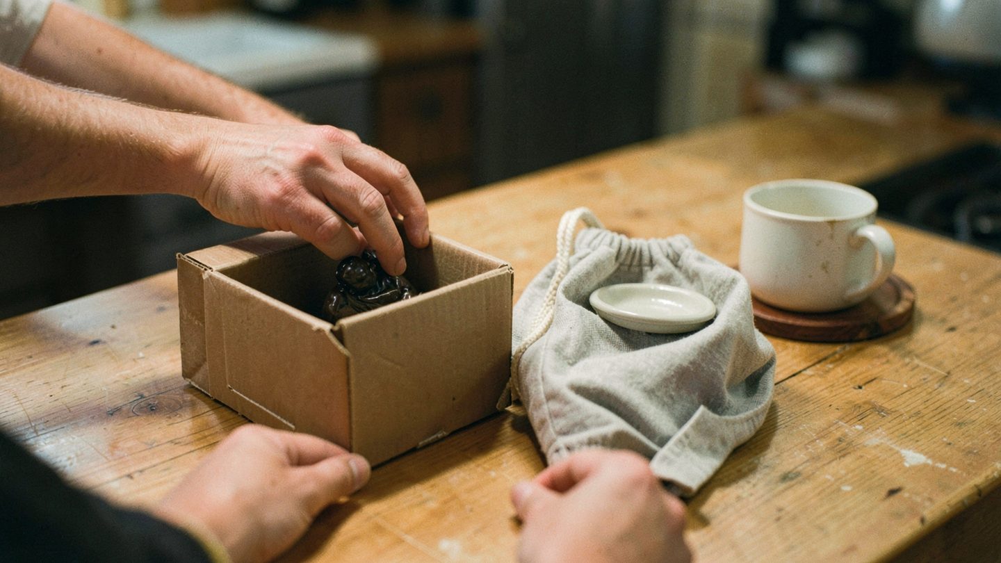 A warm kitchen scene shows hands sorting a few belongings on a wooden table, putting one object into an unmarked box and another into an unmarked bag beside a mug in soft lamplight.