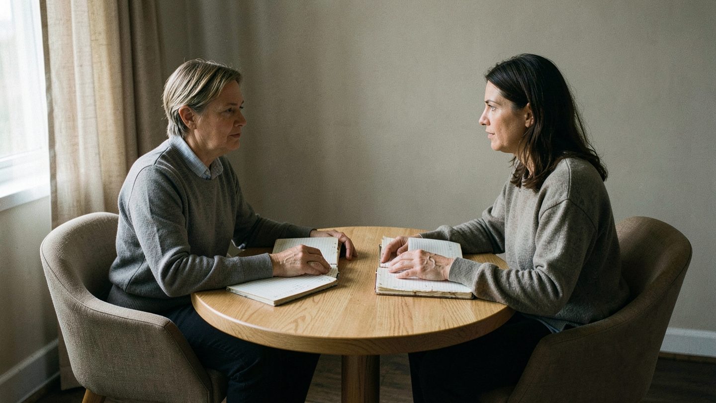 Editorial photo-style image of two people in a reflective conversation across a table