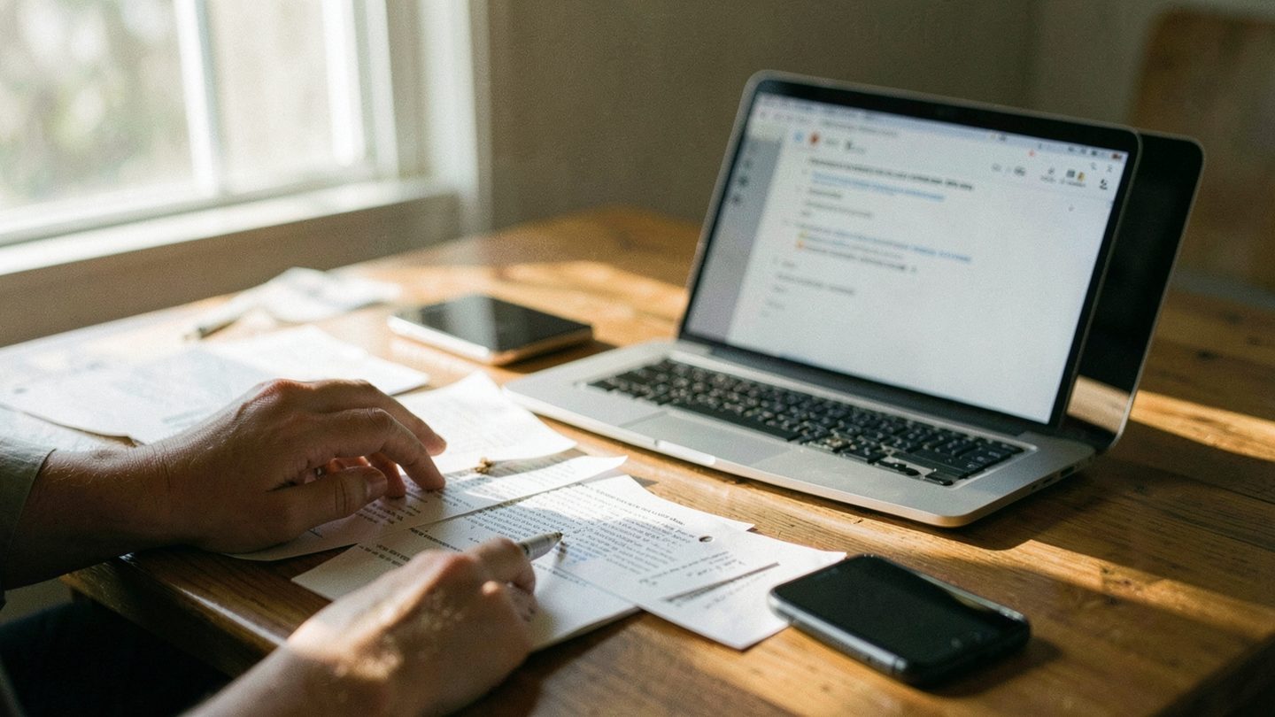A person reviewing multiple message drafts at a desk before sending them
