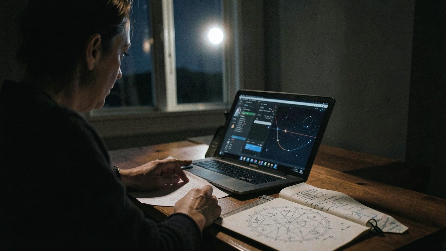 Person checking a birth chart beside a window with a full Moon outside
