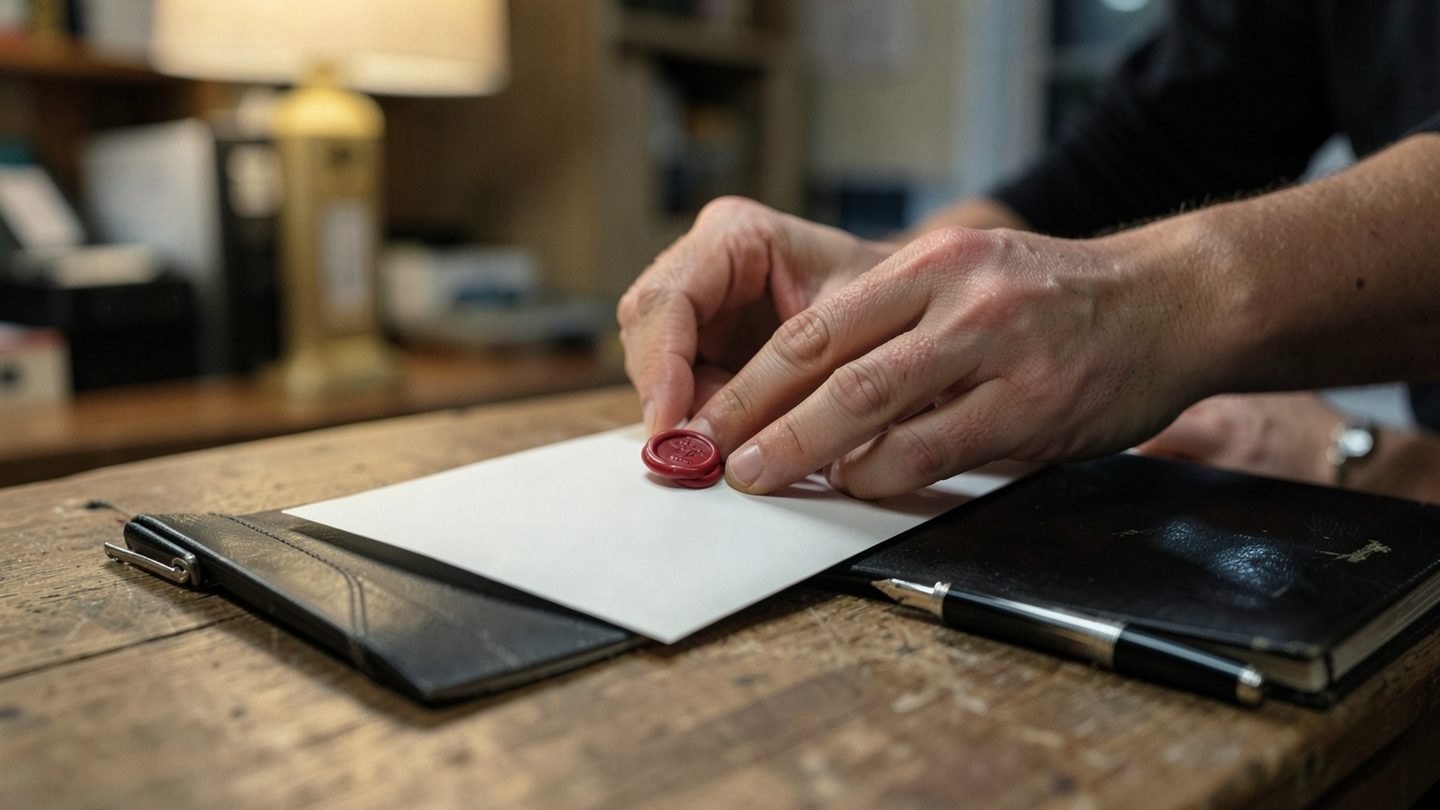 Hands sealing an envelope beside a notebook and pen