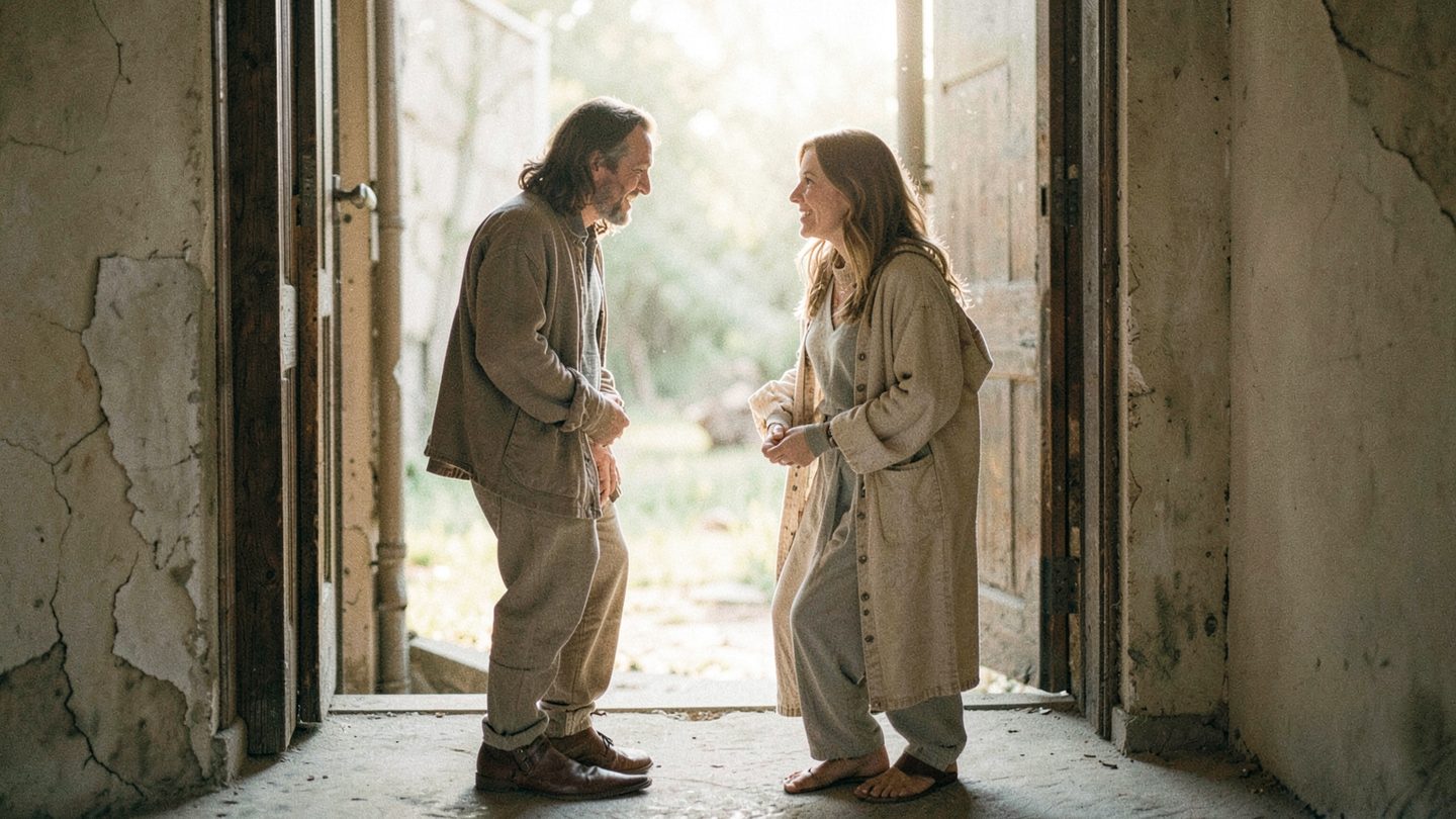 Two people meeting at a doorway in morning light, symbolizing a shared rising-sign threshold.