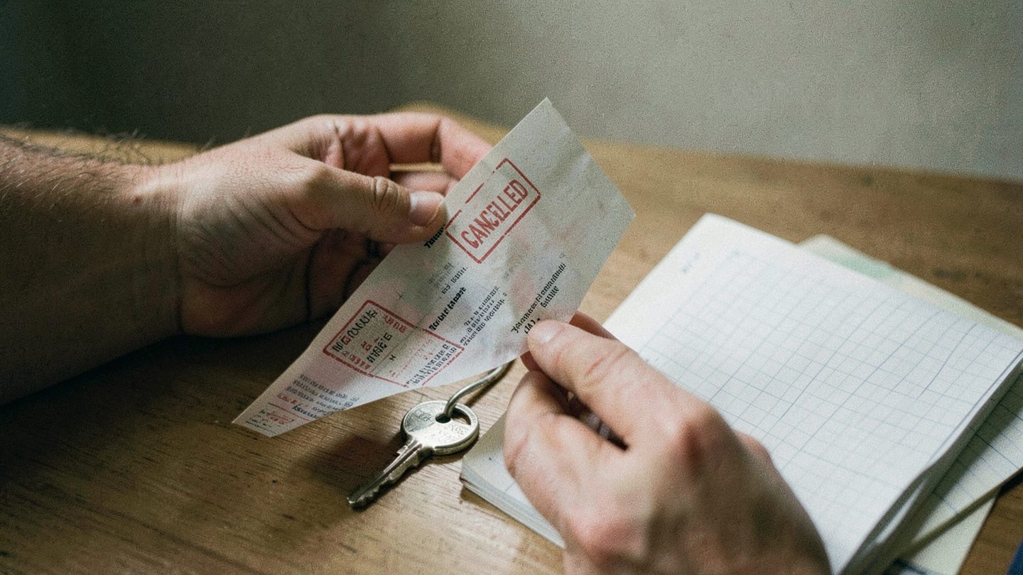 Hands with a bill, key, and notebook in a realistic editorial scene