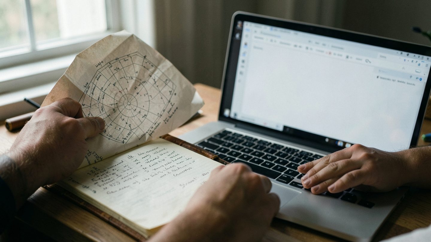 Hands comparing a birth chart printout with a chart tool
