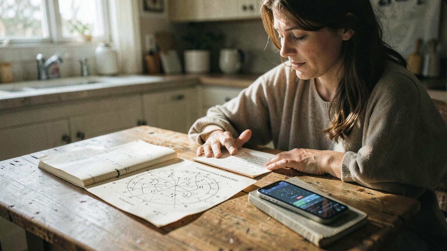 Editorial scene of a person reviewing a birth chart and calculator for Venus interpretation