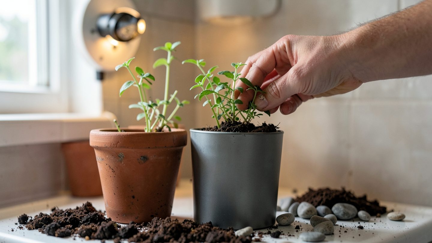 Hands repotting a small herb plant from a terracotta pot into a modern metal planter on a kitchen table, with fresh soil, pebbles, and an empty pot nearby, suggesting care and experimentation.