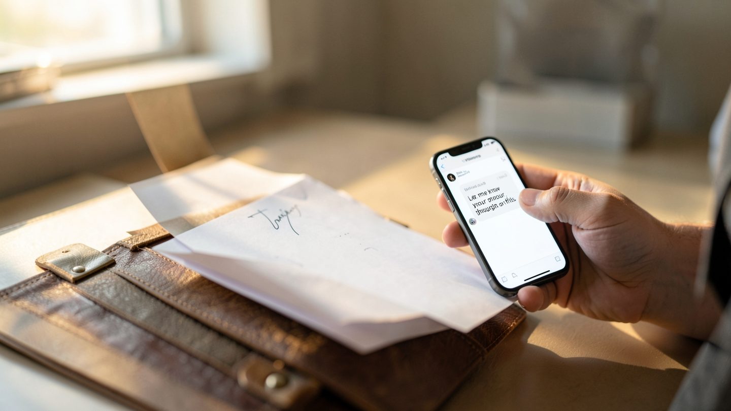 Editorial close-up of a paused signature and unsent text message
