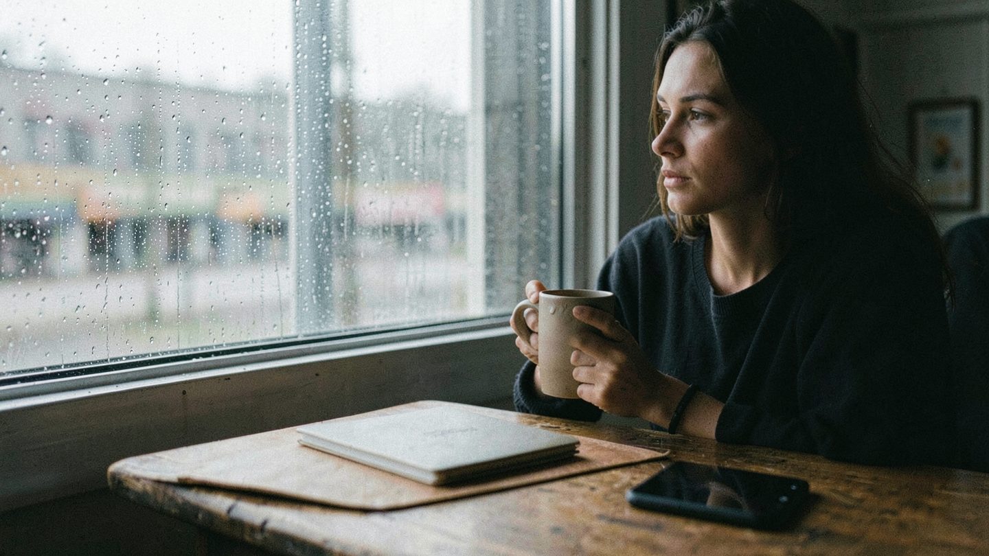 A person sits by a rainy window holding a plain mug, with a closed notebook and a silent phone on the table, creating a quiet reflective scene about an approaching relationship decision.