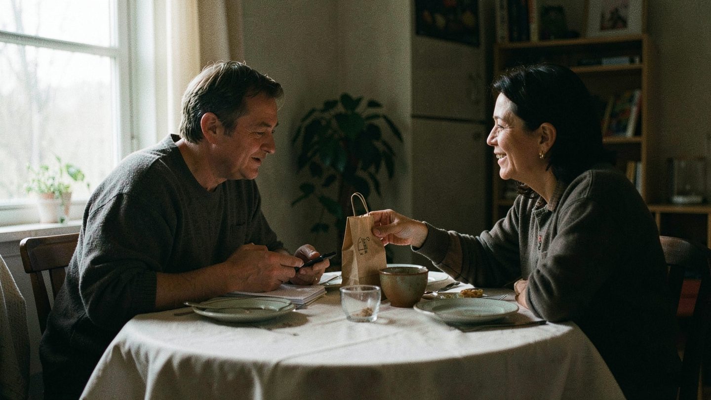 Candid dinner-table scene suggesting generous ease and the risk of overpromising