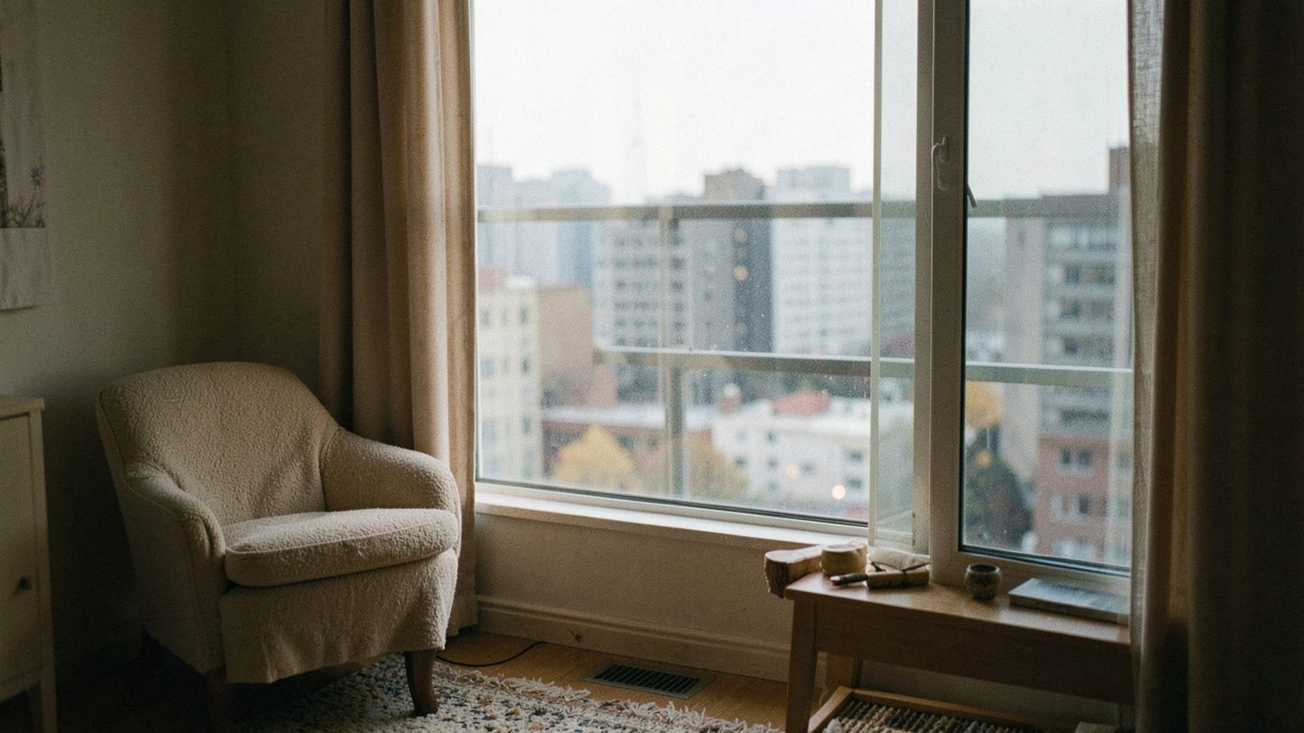 Editorial-style photo concept showing private home life and the public world in one frame