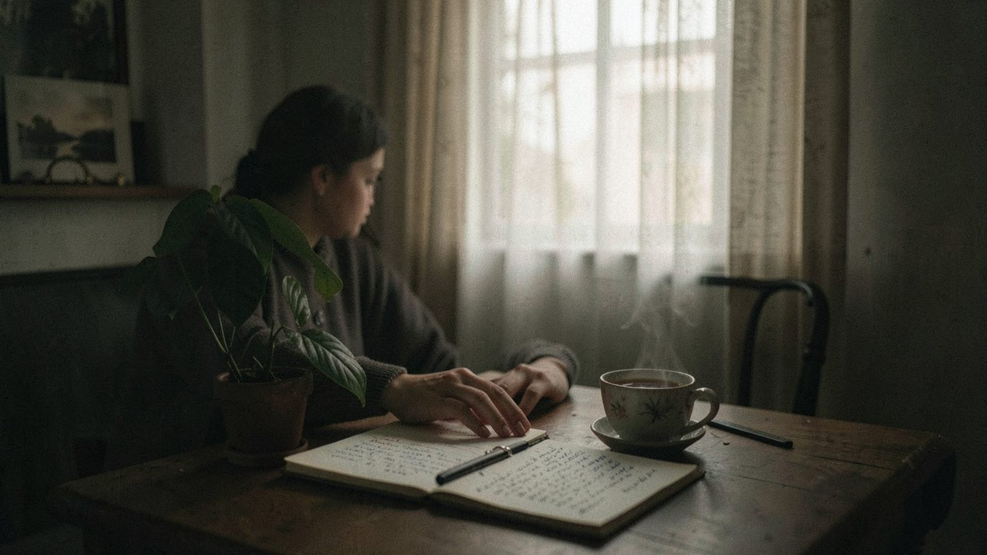 Editorial scene suggesting private reflection and emotional roots for Chiron opposite Imum Coeli