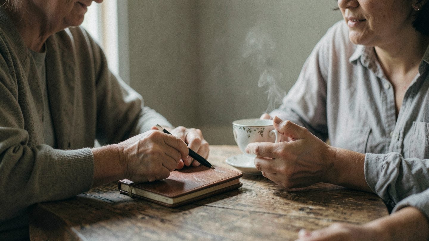 Two people in a calm conversation suggesting support and healing