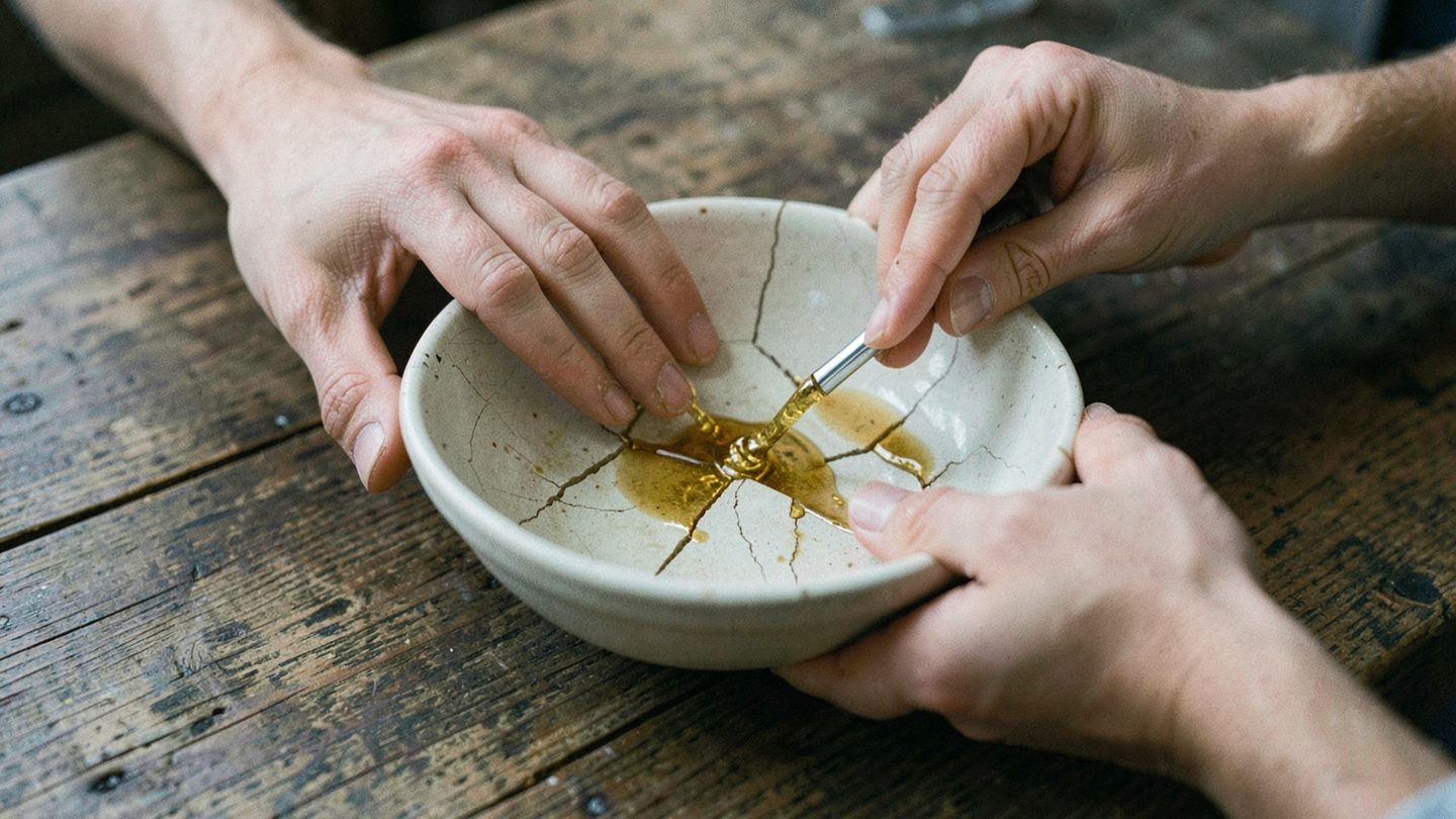 Editorial photo-style still life of a repaired cracked bowl