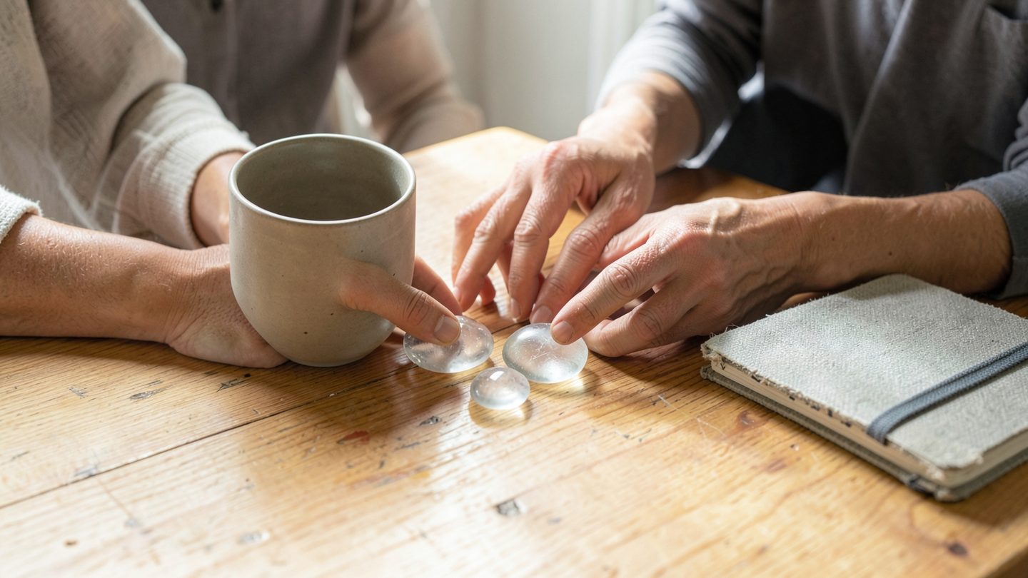 Two people at a wooden table gently align two smooth translucent glass stones in soft daylight, suggesting balance, guidance, and healing in a quiet editorial setting.