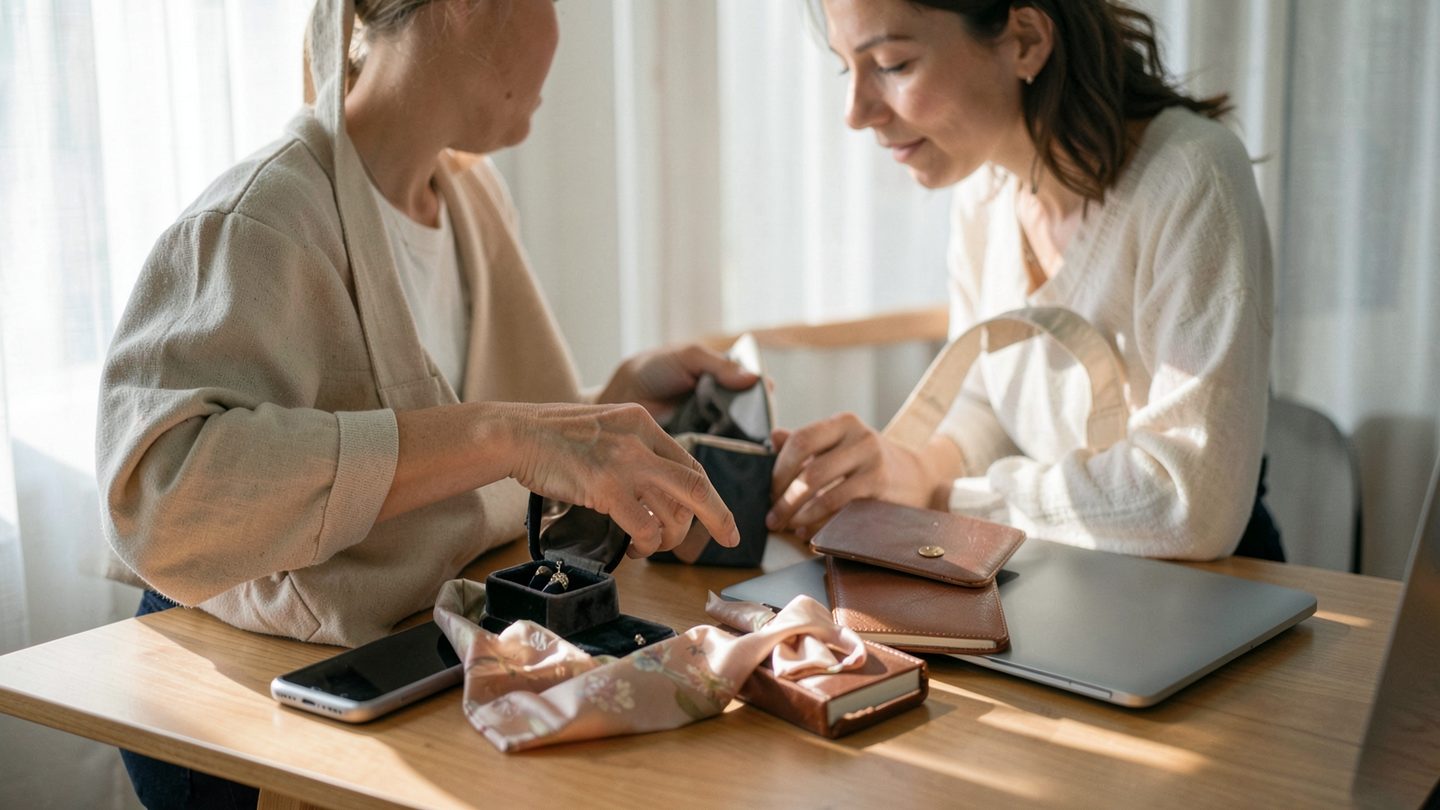 A realistic editorial photo of a person in soft morning light packing a tote bag beside a tidy desk with a closed laptop, face-down phone, notebook turned away, and a small jewelry box, conveying calm preparation for an upcoming change.