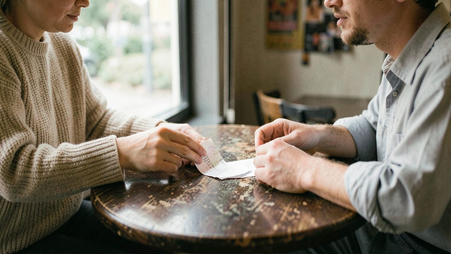 Two people in a serious conversation at a cafe table