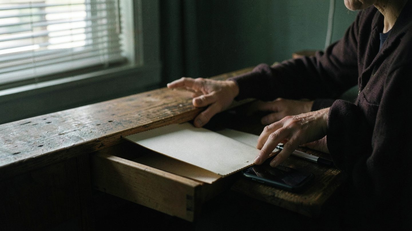 A moody editorial photo of a person at a desk pausing before action, sliding a plain document folder into a desk drawer beside a face-down phone and an unused pen in soft window light.