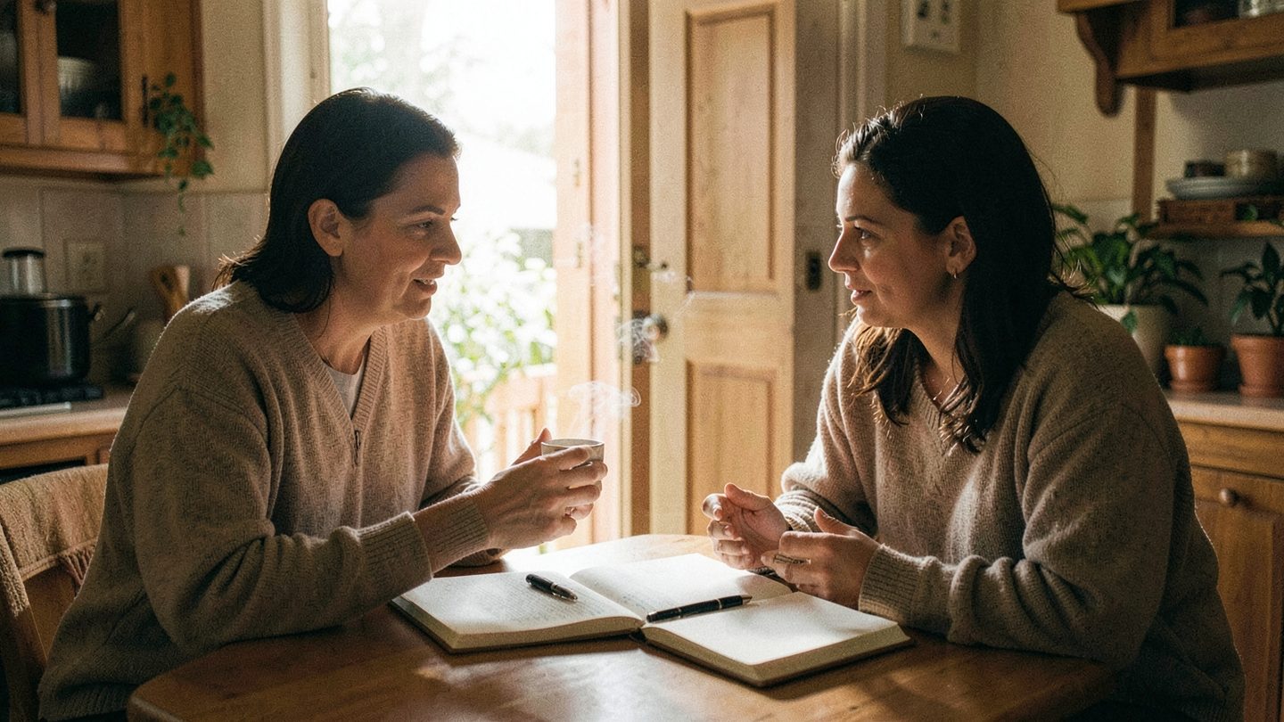 A candid photo-style scene of supportive timing and an unexpected meaningful meeting