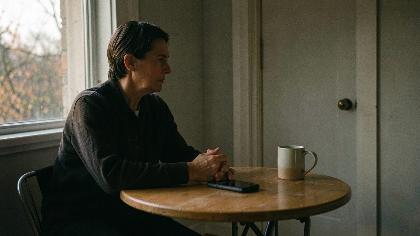 A lone adult sits at a kitchen table in soft dusk light, hands clasped beside a face-down phone and plain mug, looking toward a closed door in a quiet scene about holding a boundary.