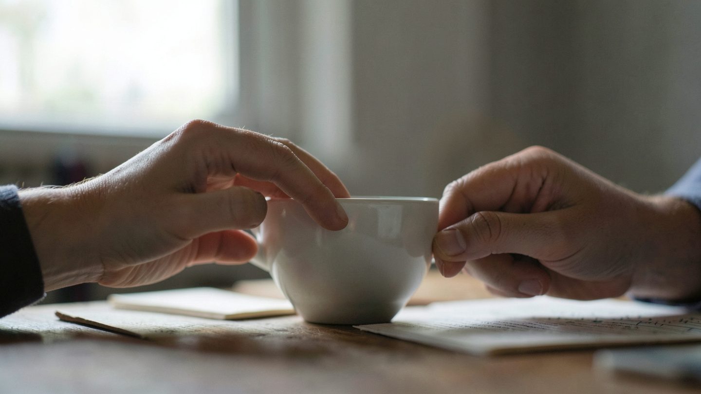 Hands pausing in a relationship moment, suggesting Chiron opposite the Descendant