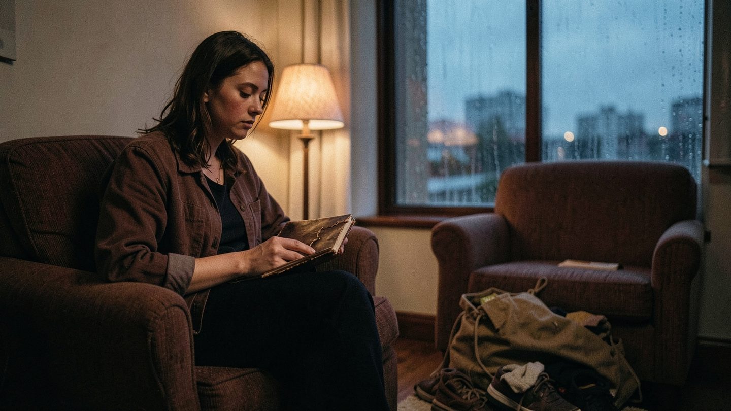 A woman in a dim room closing a notebook and looking out a rainy window