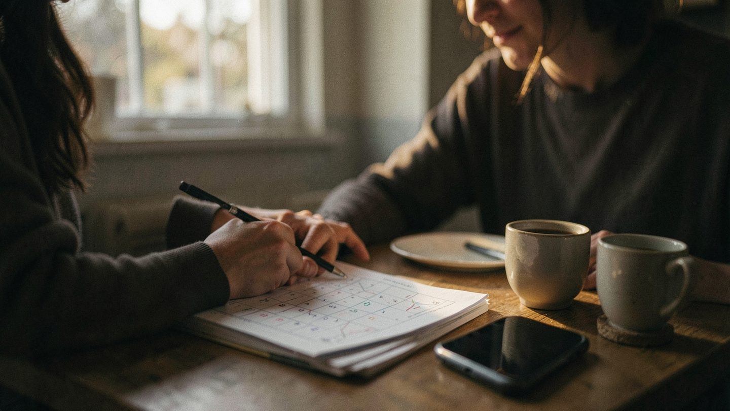 A quiet planning moment that suggests timing and relationship choices
