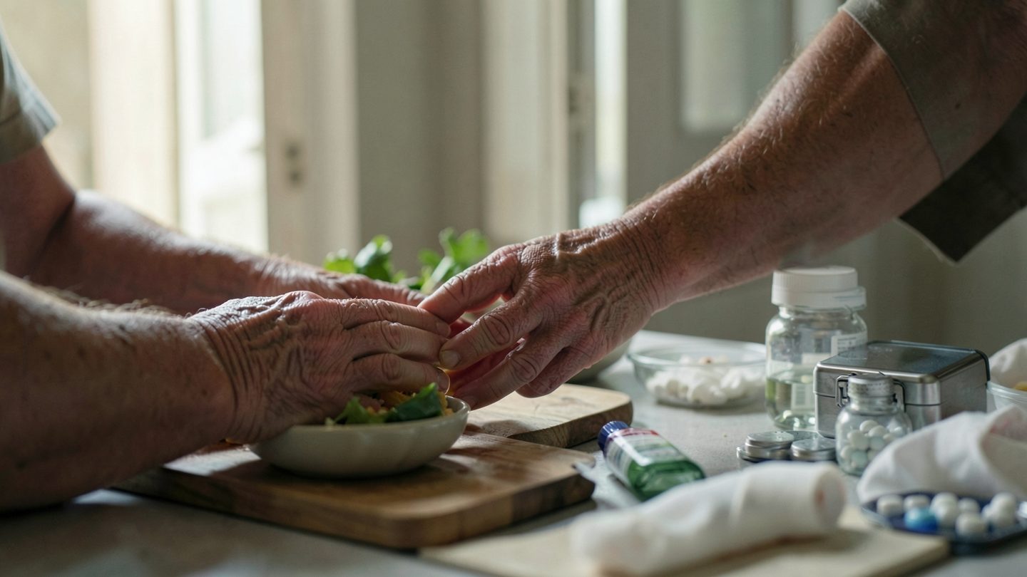 Hands and caregiving objects near a doorway, suggesting a choice between care and a new encounter